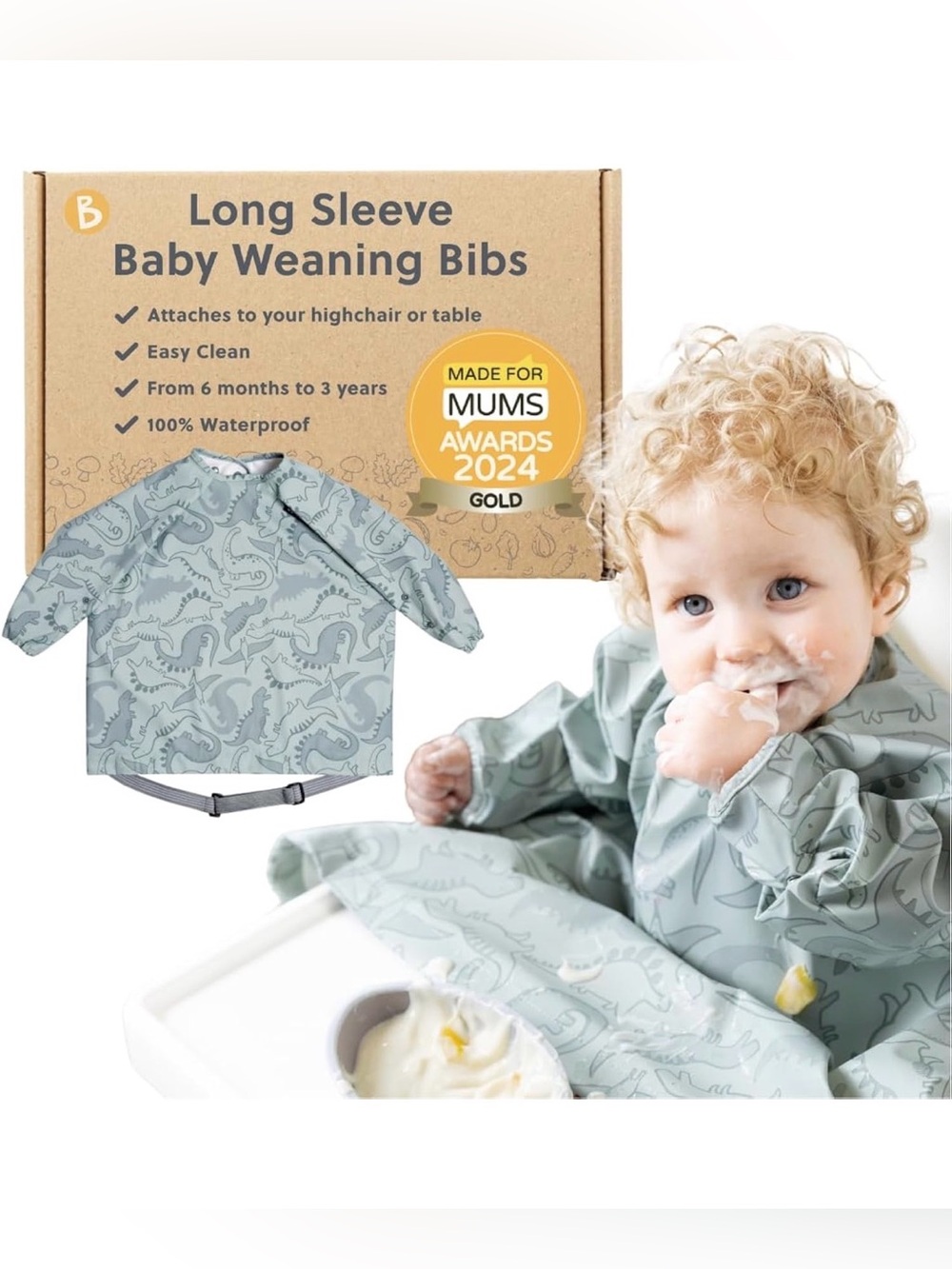 BIBaDO - Long Sleeve Baby Bib (Dino Roar)